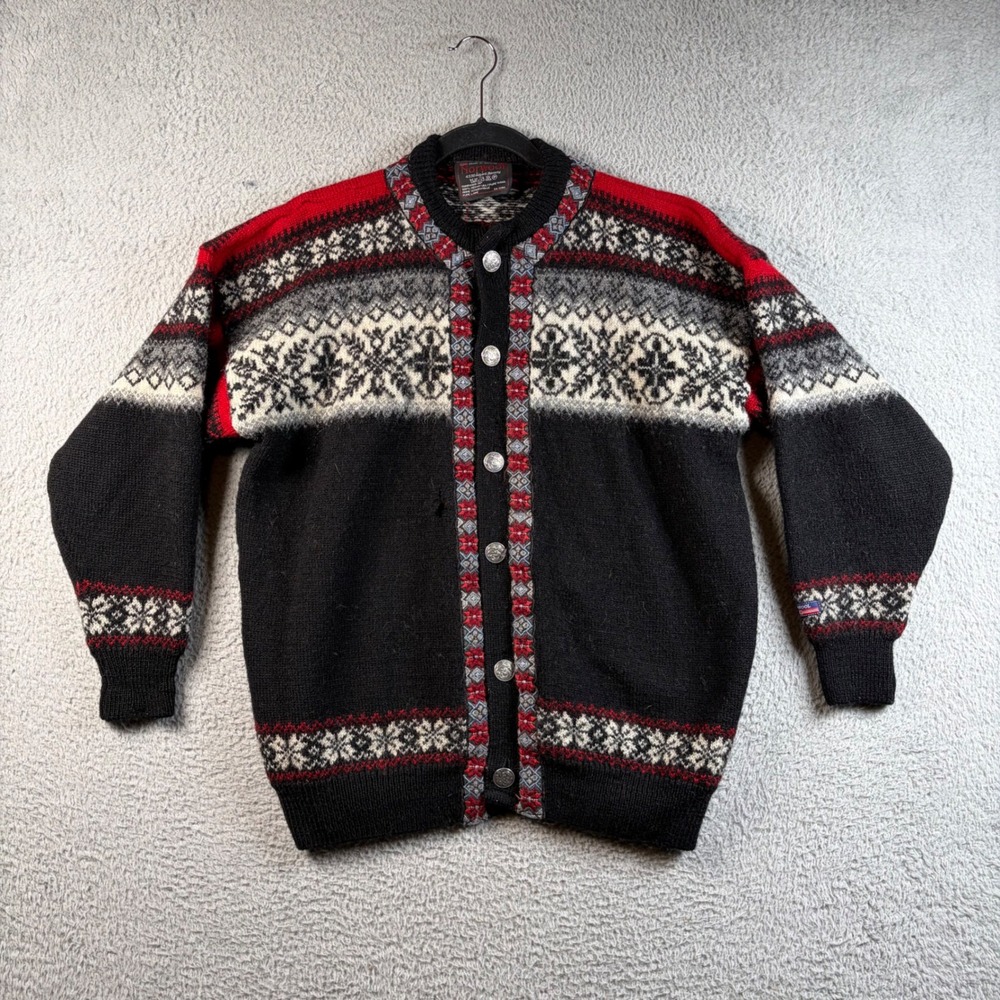 Vintage NorWool Norwegian Pure Wool Cardigan Sweater Nordic Fair Isle Black Red